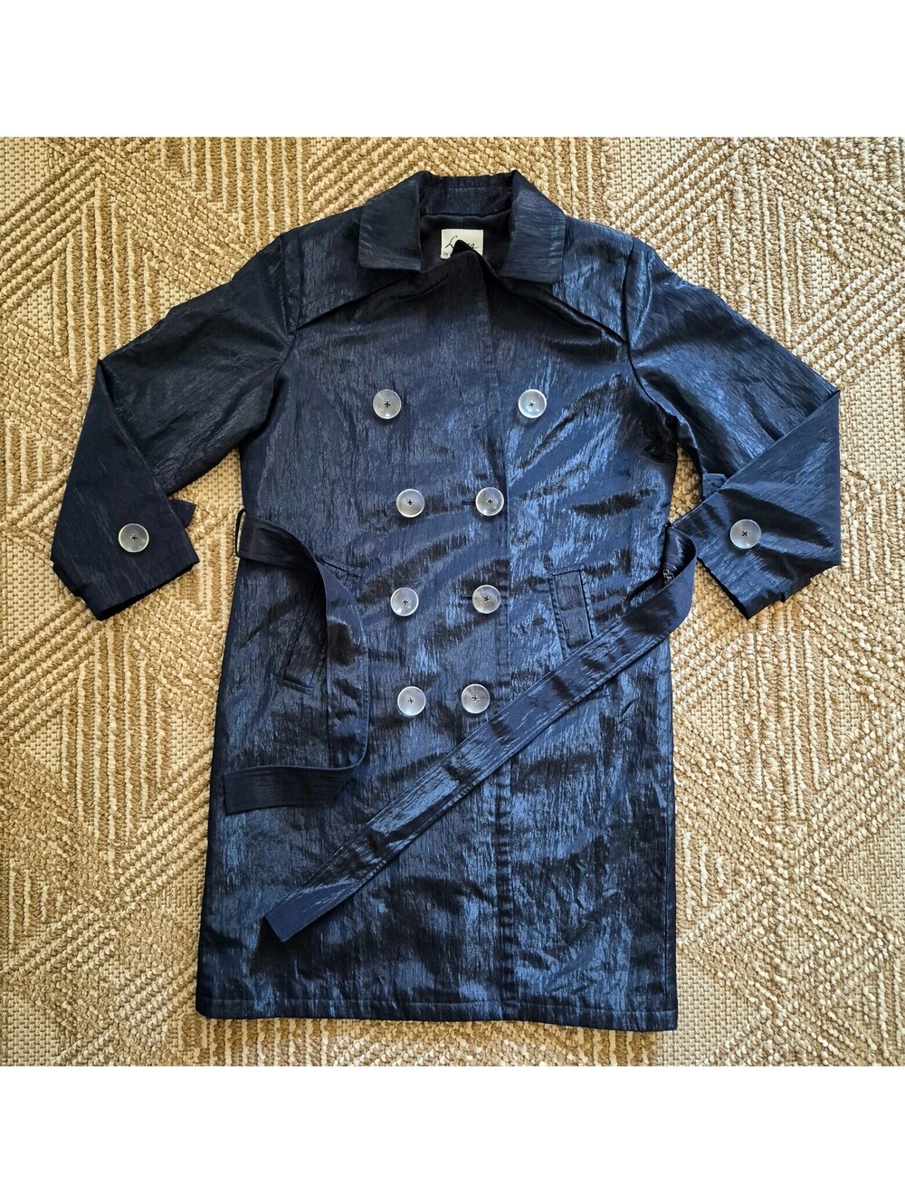 Y2K Cyber Liquid Navy Blue Double Breasted Trench Coat Size M Linea